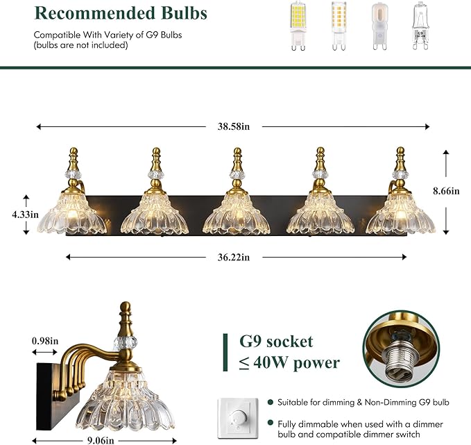 Vintage Bathroom Vanity Light, 5-Light Black Gold Vanity Lighting Fixture - Image 2