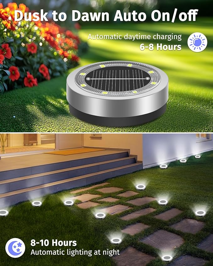 Mini Solar Ground Lights 2 Pack Outdoor IP65 Waterproof Solar Flat Garden Light - Image 5
