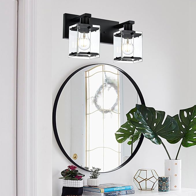 Black 2-Light Wall Sconce Bathroom Light Fixture, Rectangular Clear Glass - Image 2