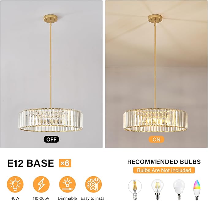 Glod Crystal Ceiling Light Fixture, Modern Semi Flush Chandelier, Round Hanging - Image 6