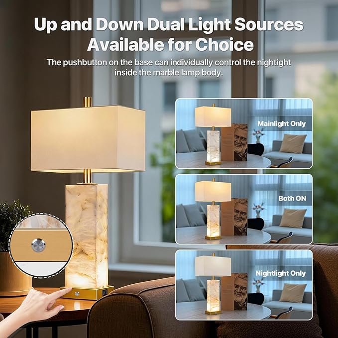 25.6" Alabaster Lamp, Marble Lamp Nightstand Lamps Set of 2, Modern Table Lamp - Image 4