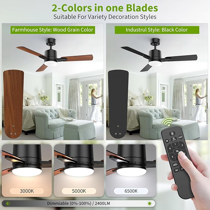 Ceiling Fans with Lights, 42 Inch Low Profile Ceiling Fan with Light and Remote - Image 3