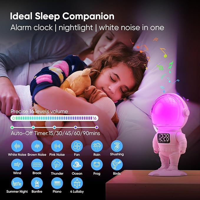Astronaut Sunrise Alarm Clock for Kids, 22 Dimmable Nightlights, Dual Digital - Image 5