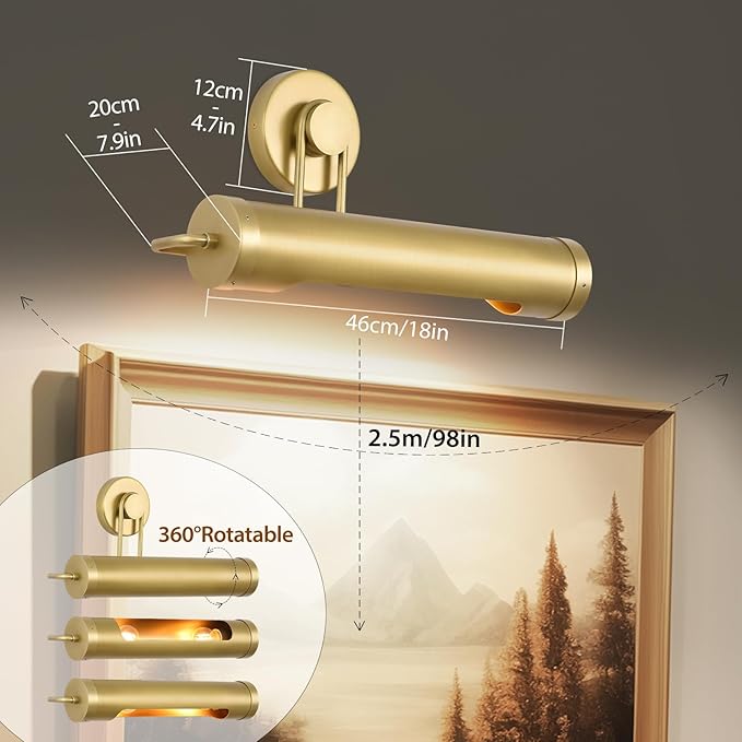 18in Picture Lights Hardwired Brass Picture Light, 360°Rotatable Art Light - Image 3
