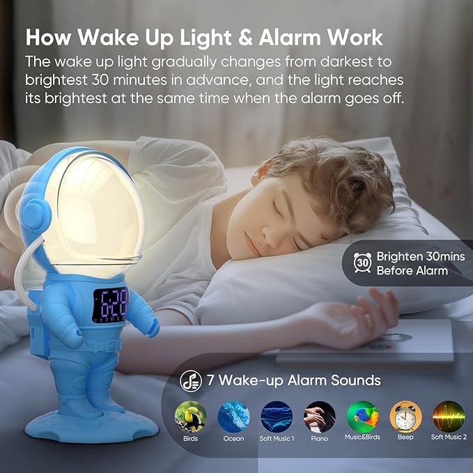 Astronaut Sunrise Alarm Clock for Kids, 22 Dimmable Nightlights, Dual Digital - Image 3