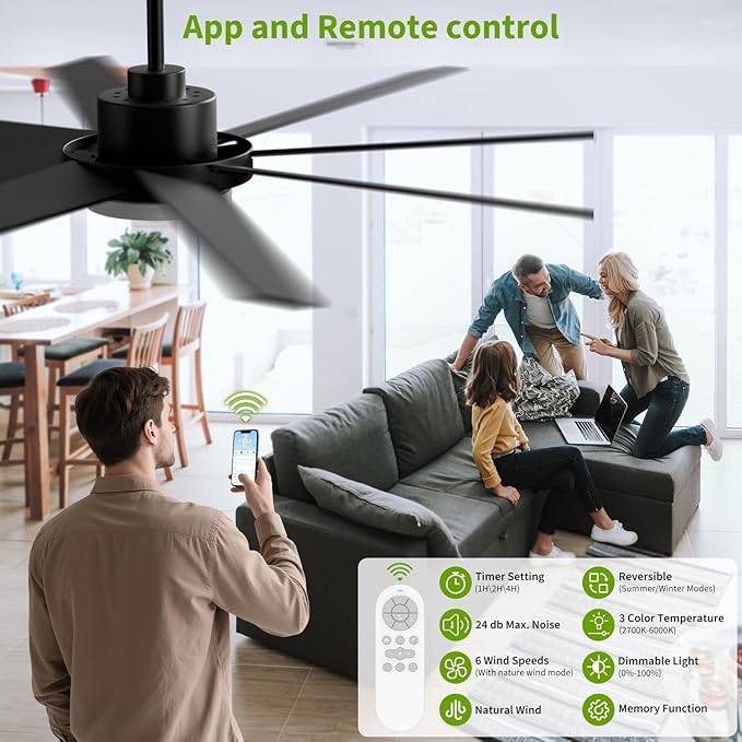 72 Inch Ceiling Fans with Lights and Remote APP Control, Outdoor Indoor Black - Image 4