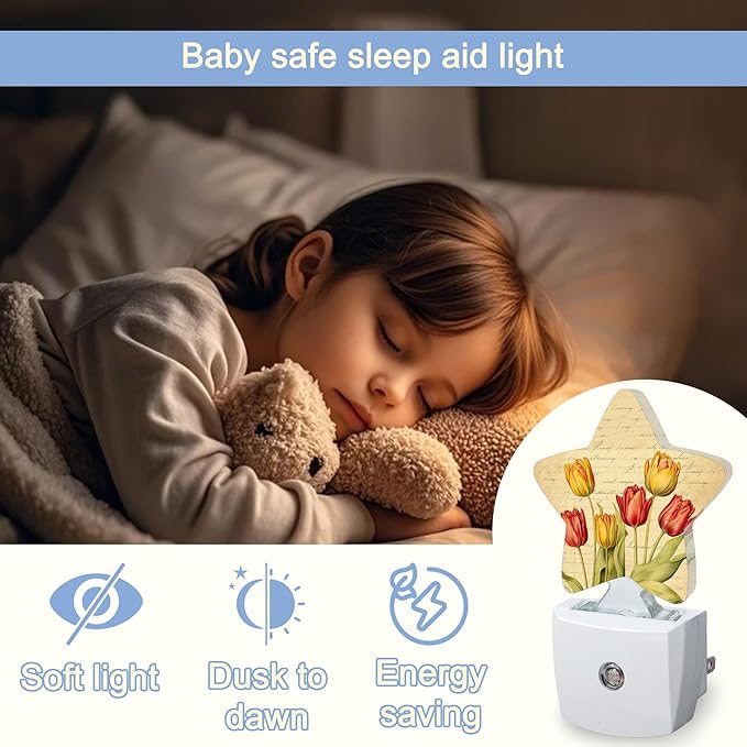 Vintage Tulips Nightlight, Spring Flowers Star Night Lights Plug into Wall - Image 6