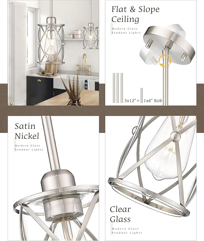 Brushed Nickel Pendant Lights Kitchen Island 2 Pack, Mini Glass Pendant Light - Image 4