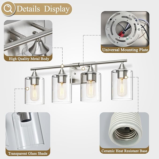 4-Light Bathroom Light Fixtures, Brushed Nickel Vanity Lighting Fixtures - Image 5