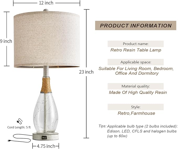 OYEARS 23" Table Lamps for Living Room Set of 2 Bedside Lamps for Night Stands - Image 7