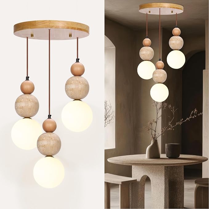 Wabi Sabi Pendant Light, 3-Light Travertine Stone Fixture-Japandi Japanese by Unknown
