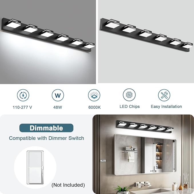 LED Modern Bathroom Vanity Light Fixtures, 6-Light 40-inch Dimmable Matte Black - Image 4
