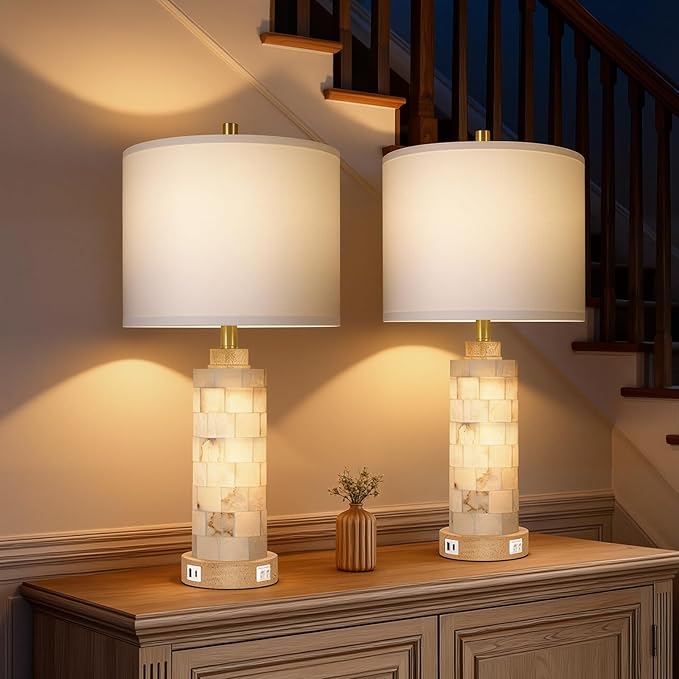 27" Natural Alabaster And Wood Table Lamp Set of 2 - Image 5