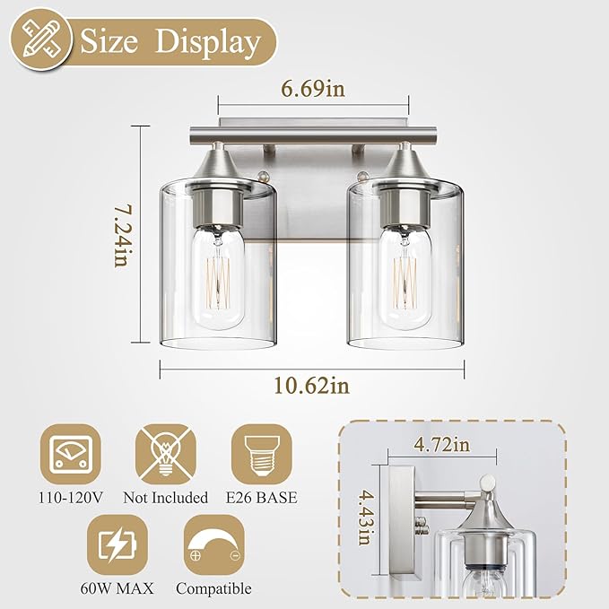 Bathroom Vanity Light Fixture, 2-Light Brushed Nickel Over Mirror, Modern - Image 4