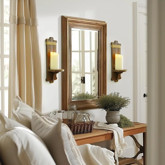 Homemory Wall Sconces Candle Holder Set of 2, Farmhouse Wooden Rustic Wall Decor - Image 2