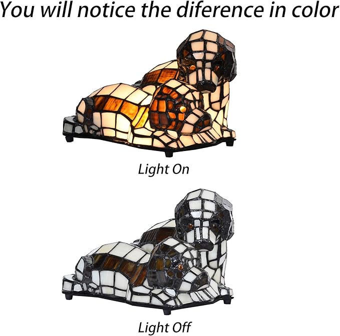 Bieye L10772 Dogs in Love Tiffany Style Stained Glass Accent Table Lamp Night - Image 3