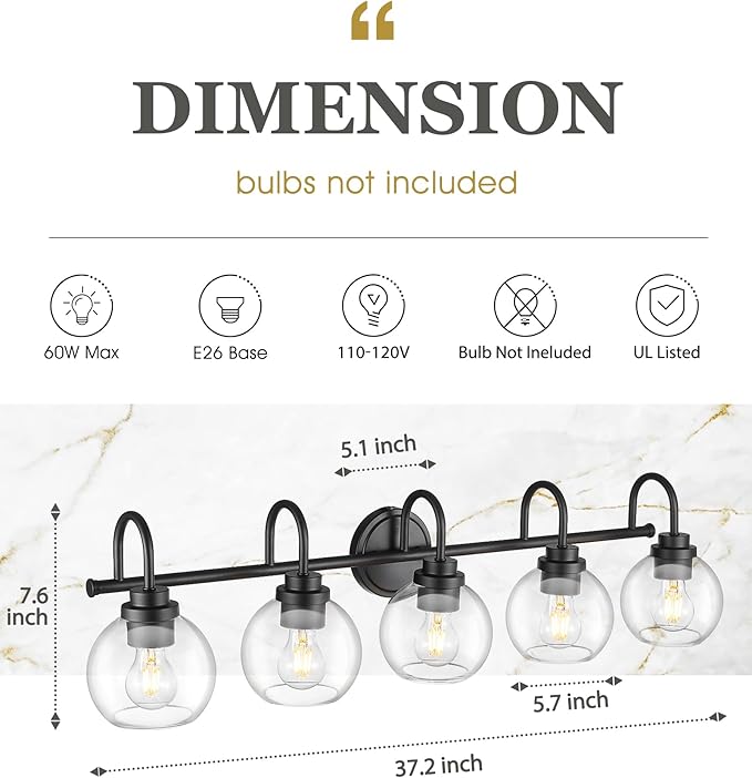 Bathroom Light Fixtures, 5-Light Matte Black Vanity Lights - Image 2