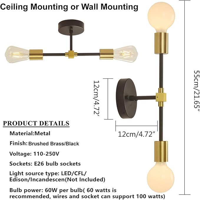 2 Lights Bathroom Wall Sconce Vanity Modern Industrial Wall Lamp Pole Wall - Image 4