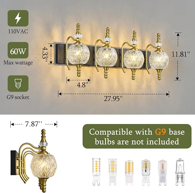 Modern Crystal Bathroom Vanity Lights Fixtures Over Mirror Black Gold Vintage - Image 4