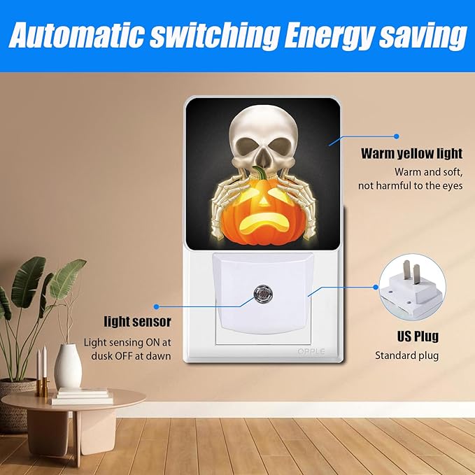Skull Pumpkins Night Light, Halloween Nightlight Plug into Wall, LED - Image 3
