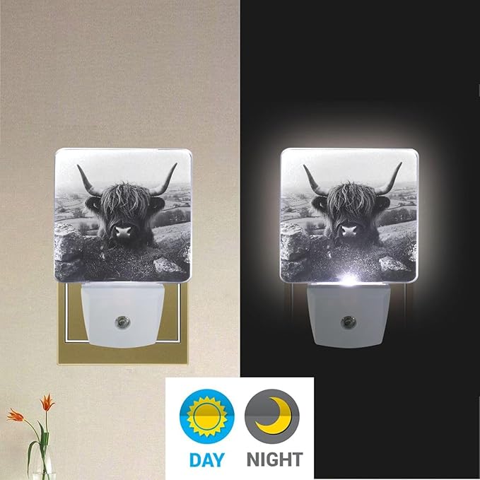 Black Highland Cow Print Night Light LED Plug in Nightlight Light Sensor Dusk - Image 5