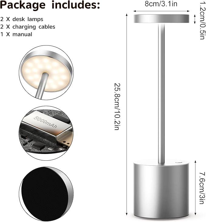 2Pack Cordless Table Lamp, Rechargeable LED Battery 5000mAh Metal USB Portable - Image 7