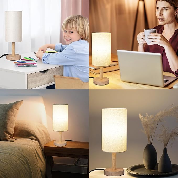 Small Table Lamp for Bedroom, Nightstand Lamp Linen Lampshade Bedroom Wood Base - Image 8