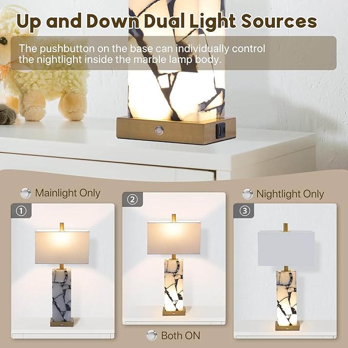 Natural Marble Table Lamps Set of 2: 3-Color Temperatures Alabaster Lamp - Image 4