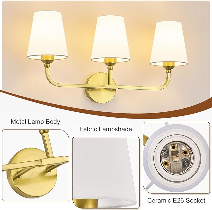 Brushed Gold Bathroom Light Fixtures, 3-Light Vanity Lights, Bathroom Lighting - Image 5