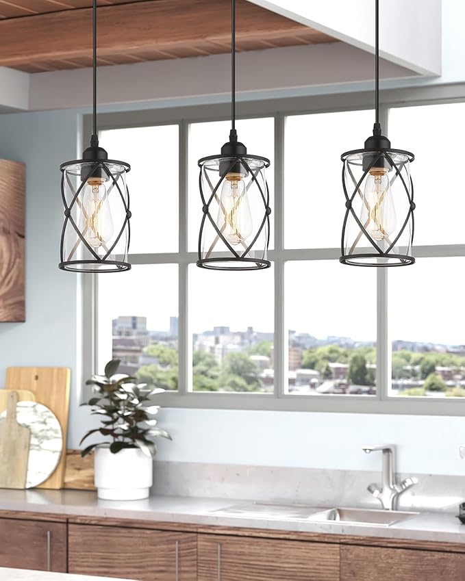 Glass Pendant Lights Kitchen Island 2 Pack, Farmhouse Industrial Cage Hanging - Image 6