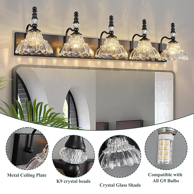 Vintage Bathroom Vanity Light, 5-Light Black Vanity Lighting Fixture - Image 3