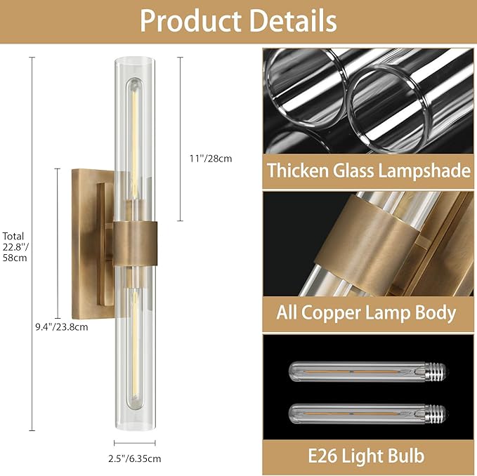 YUYI Wall Sconce, 22.8'' Brass Sconce Wall Lighting, Indoor Wall Sconce - Image 2