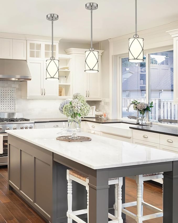Brushed Nickel Pendant Lights Kitchen Island 3 Pack, Milk Glass Kitchen Pendant - Image 6