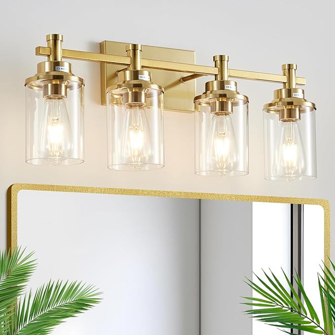 4 Light Brushed Brass Vanity Light Over Mirror, Vintage Wall Sconce by AIXIALIN