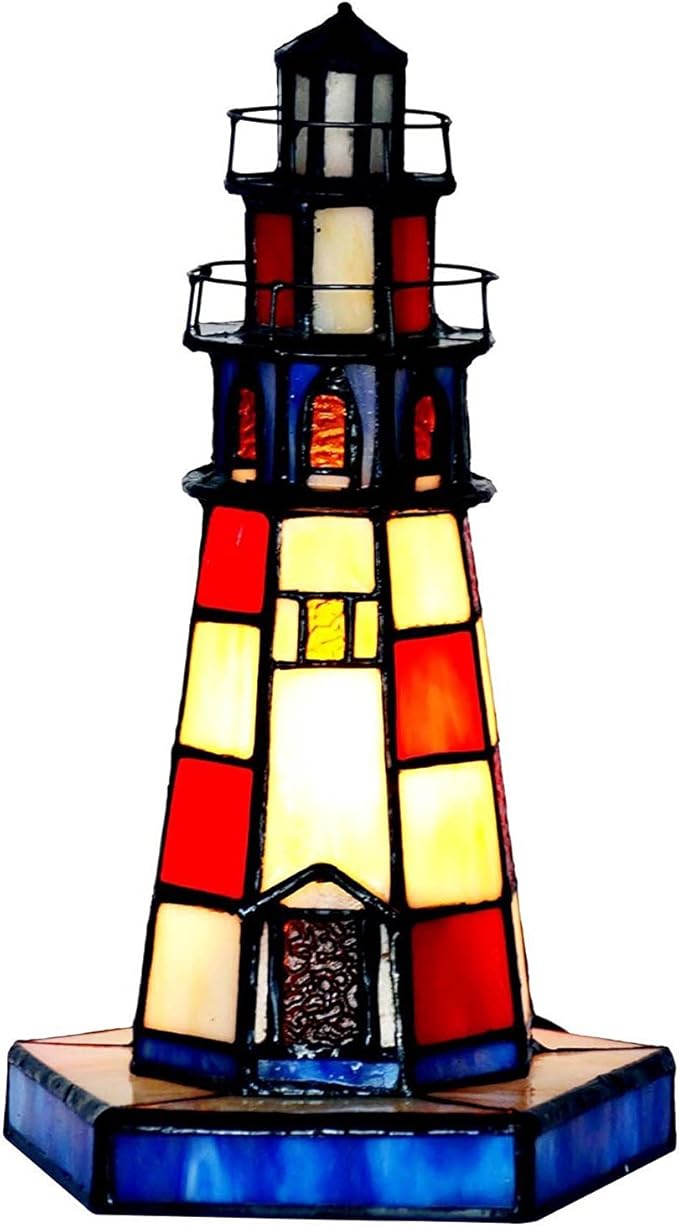 Bieye L11005 Lighthouse Tiffany Style Stained Glass Accent Table Lamp Night by Bieye