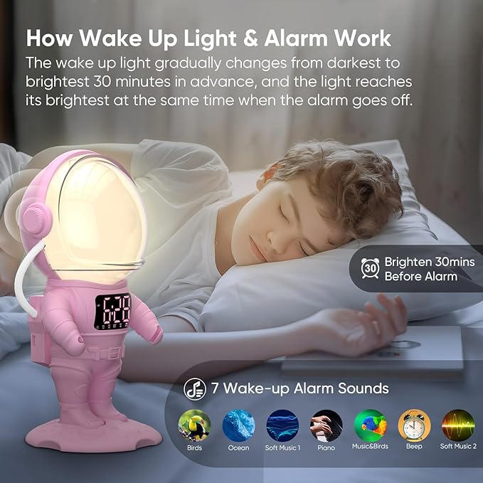Astronaut Sunrise Alarm Clock for Kids, 22 Dimmable Nightlights, Dual Digital - Image 3