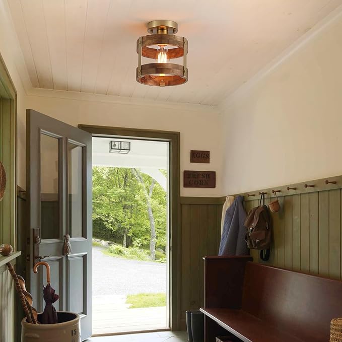 2 Pack Rustic Farmhouse Wood Flush Mount Ceiling Light Fixture Oak Wood and - Image 3