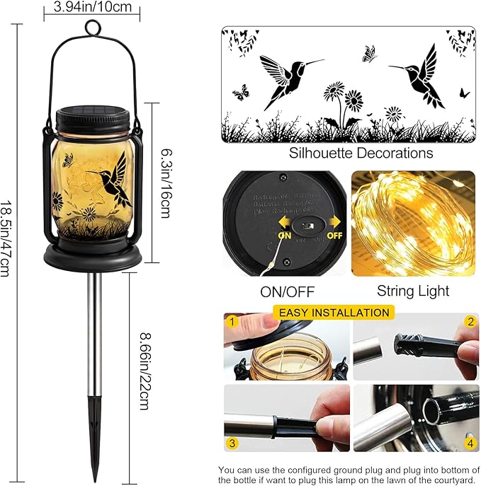 2 Pack Hummingbird Solar Lantern Outdoor Garden Decor, Birthday Gifts - Image 6