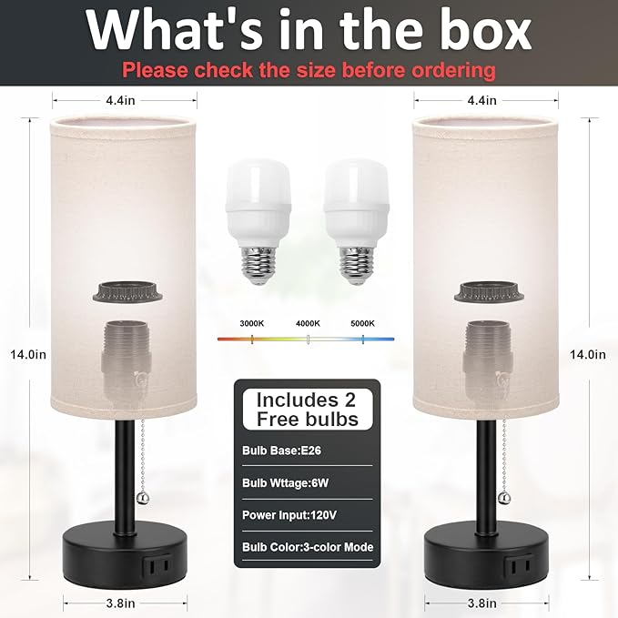 Fenmzee Bedside Table Lamps Set of 2-3 Color Temperatures Pull Chain Lamp - Image 5