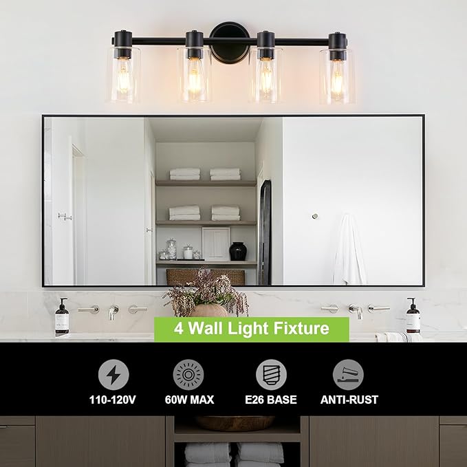 4 Light Bathroom Wall Light Fixtures Black Bathroom Wall Sconce - Image 6