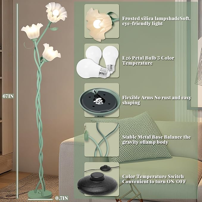 Cute Flower Floor Lamp for Bedroom, 3 Heads LED Tall Standing Lamp - Image 5
