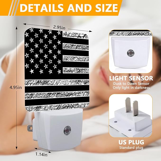 Black White American Flag Night Light, Plug-into USA Flag Nightlight White LED - Image 2