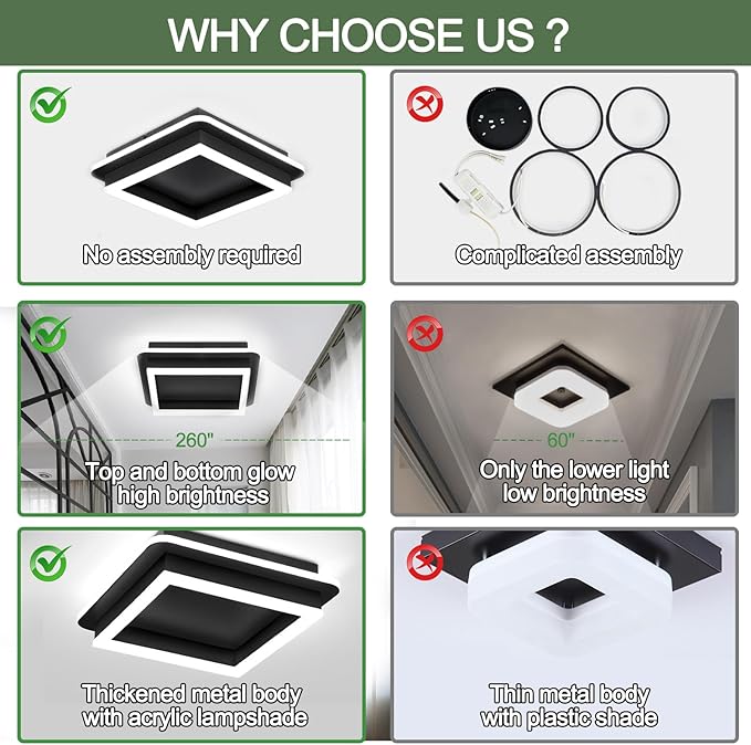 CANEOE 3 Packs Square Flush Mount Ceiling Light, 6000K Black Modern LED Ceiling - Image 3