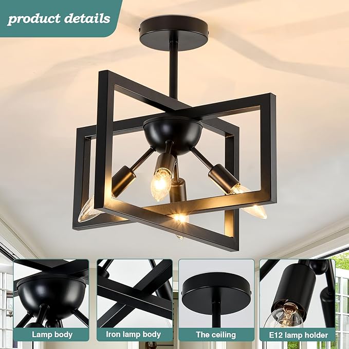 ZGLAOJT 4-Lights Ceiling Light Fixture Modern Black Semi Flush Mount Ceiling - Image 5
