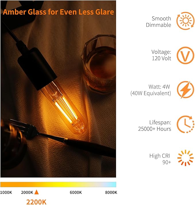 E26 T10 LED Light Bulbs, 5 Inch Vintage Tubular Thin Edison Bulbs, 2200K - Image 3