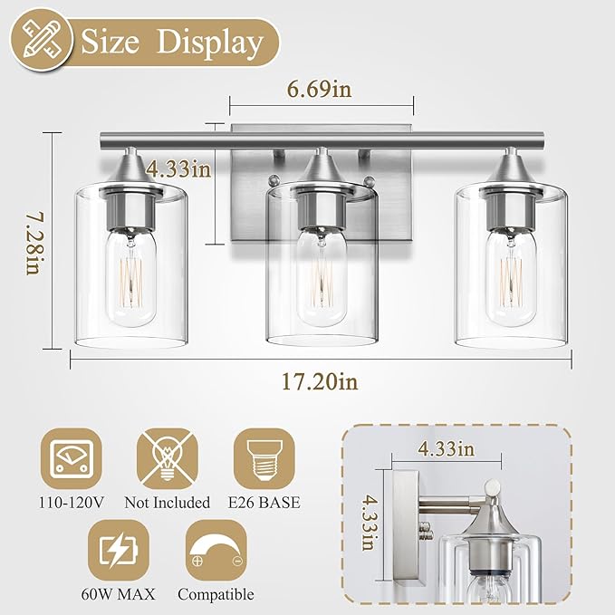 3-Light Bathroom Light Fixtures, Brushed Nickel Vanity Light, Modern Bathroom - Image 4