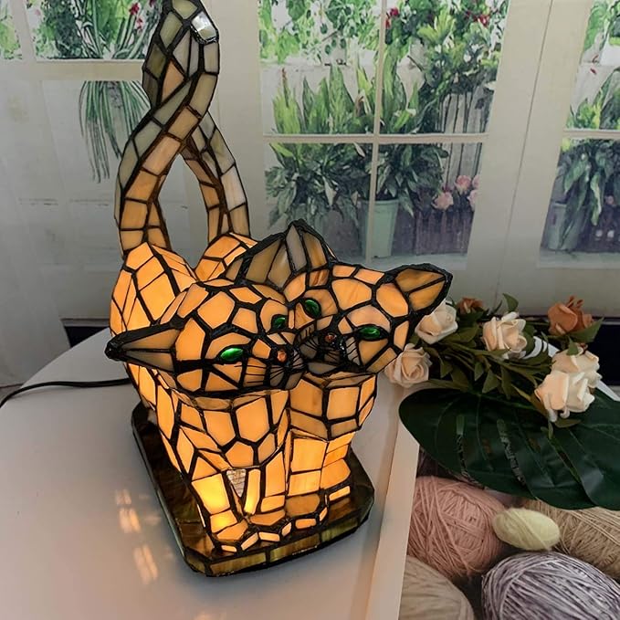Bieye L10771 Cats in Love Tiffany Style Stained Glass Accent Table Lamp Night - Image 3