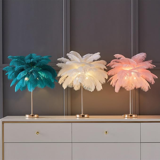 White Ostrich Feather Lamp, 3-Color Temperature Modes, 40 Feathers and 5 G4 LED - Image 3