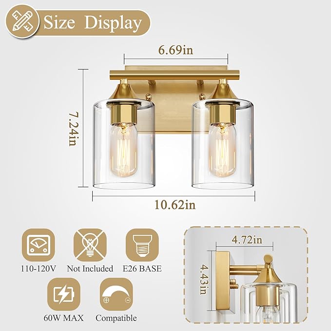 Gold Vanity Lights for Bathroom, 2-Light Bathroom Light Fixtures, Brushed Brass - Image 4