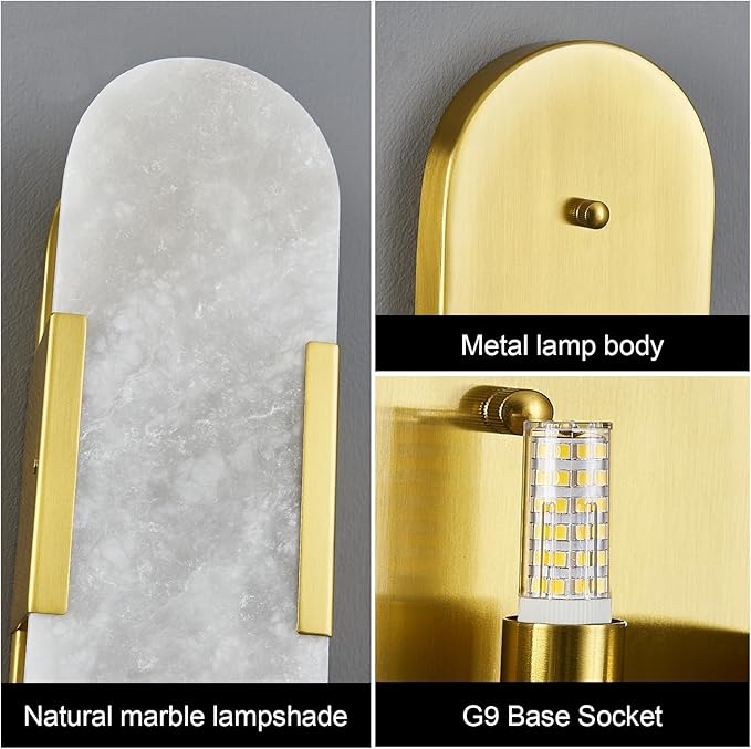 Brass Alabaster Wall Sconces Set of Two, Modern Natural Marble Wall Sconces - Image 5